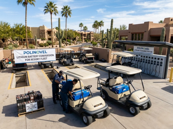 Polinovel lithium golf cart battery conversion for Arizona resort fleet showing maintenance pits and charging station